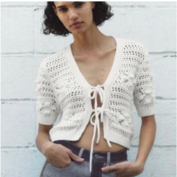 Zara Cream crochet knit textured cardigan size small - Picture 3 of 4